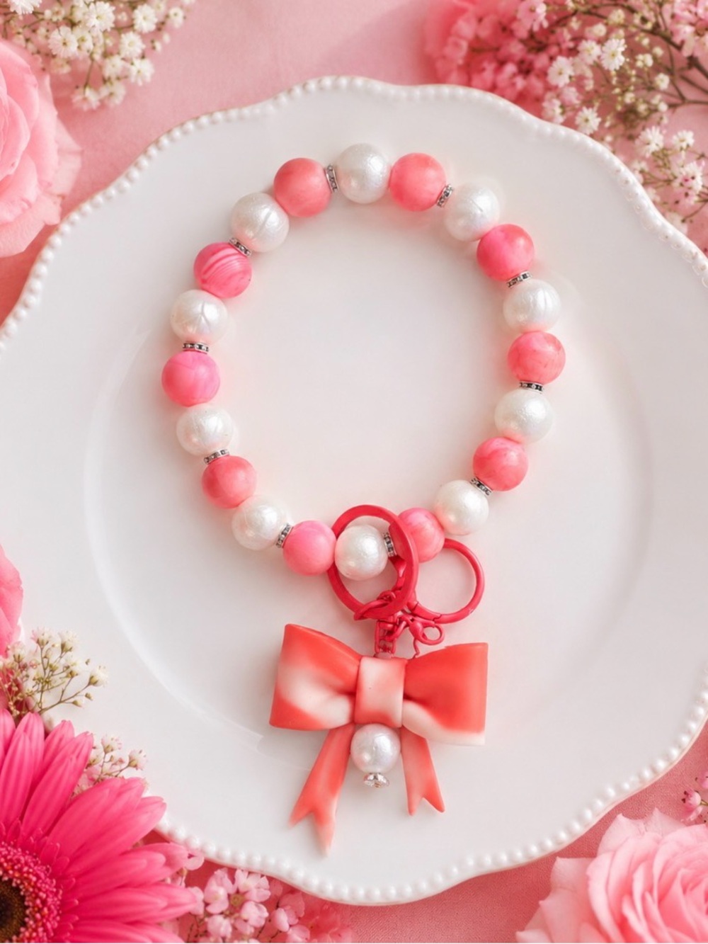 Handmade Pink & White Beaded Bow Wristlet Keychain